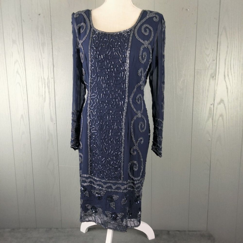 Blue Silk Adrianna Papell Beaded Dress 8 Navy Event Cocktail Ornate Formal